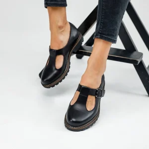 Black Leather T-strap Mary Jane Flats