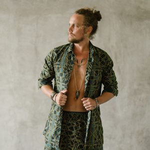 Geometric Print Cotton Buttonup Shirt: Green Boho Festival