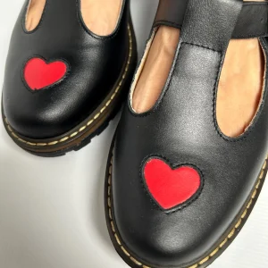 Black Heart T-strap Leather Mary Janes