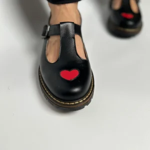 Black Heart T-strap Leather Mary Janes