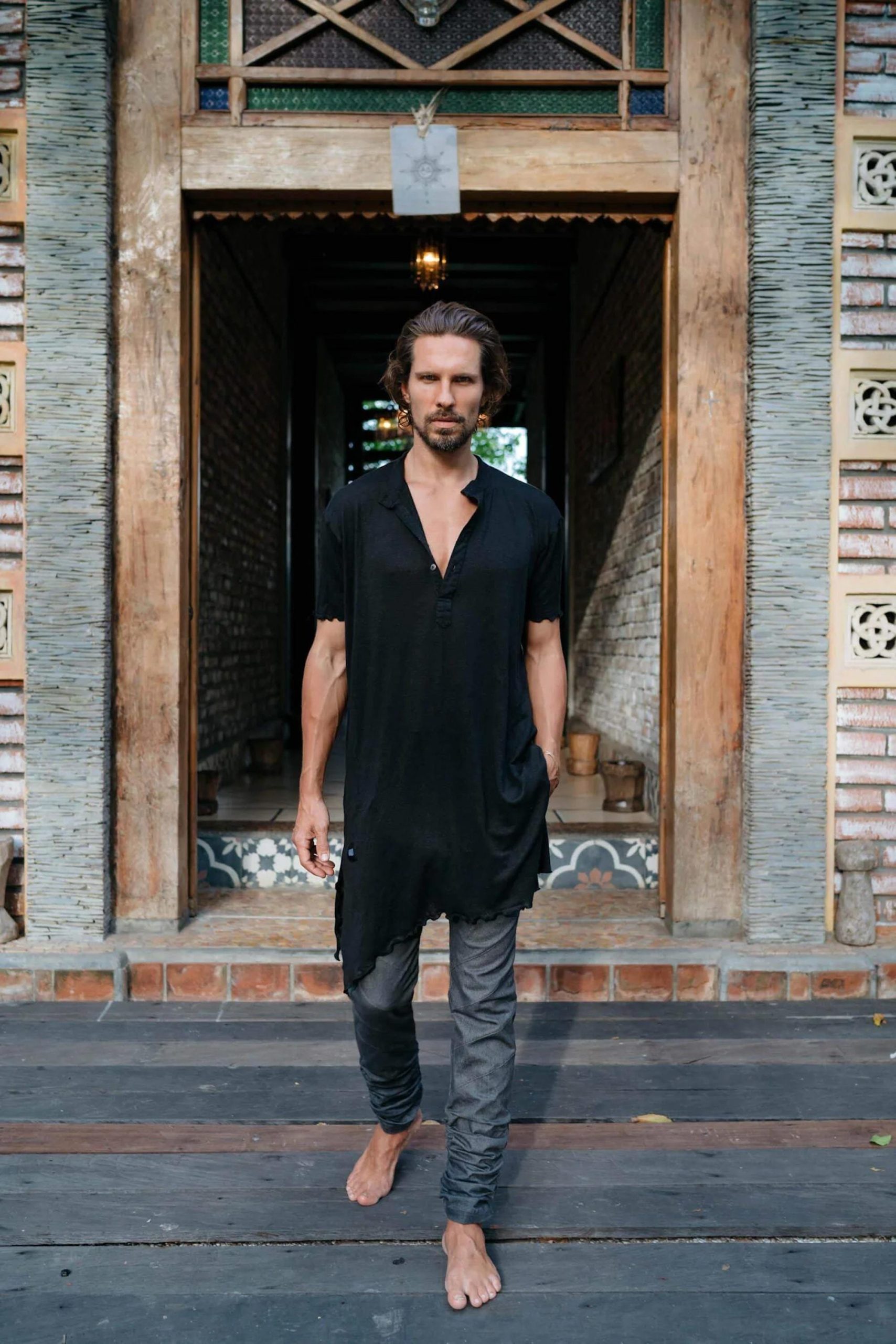 Men's Bamboo Kurta Shirt: Asymmetrical Boho Tunic Top