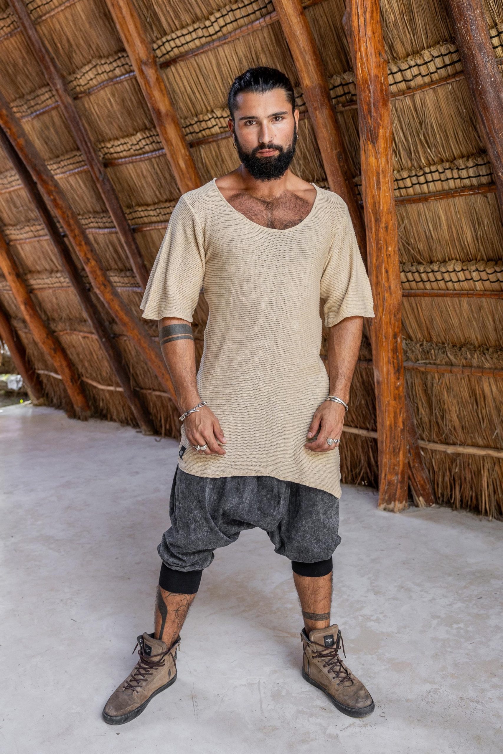 Hand Knit Cotton Tshirt Men: Bohemian Beach Shirt Hand Knit Cotton Tshirt Men: Bohemian Beach Shirt