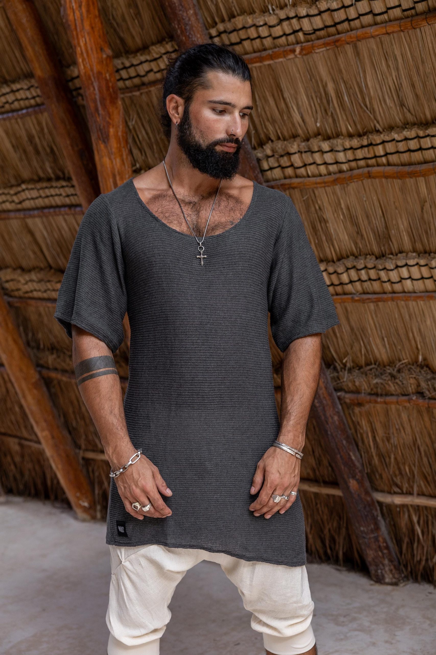 Hand Knit Cotton Tshirt Men: Bohemian Beach Shirt Hand Knit Cotton Tshirt Men: Bohemian Beach Shirt
