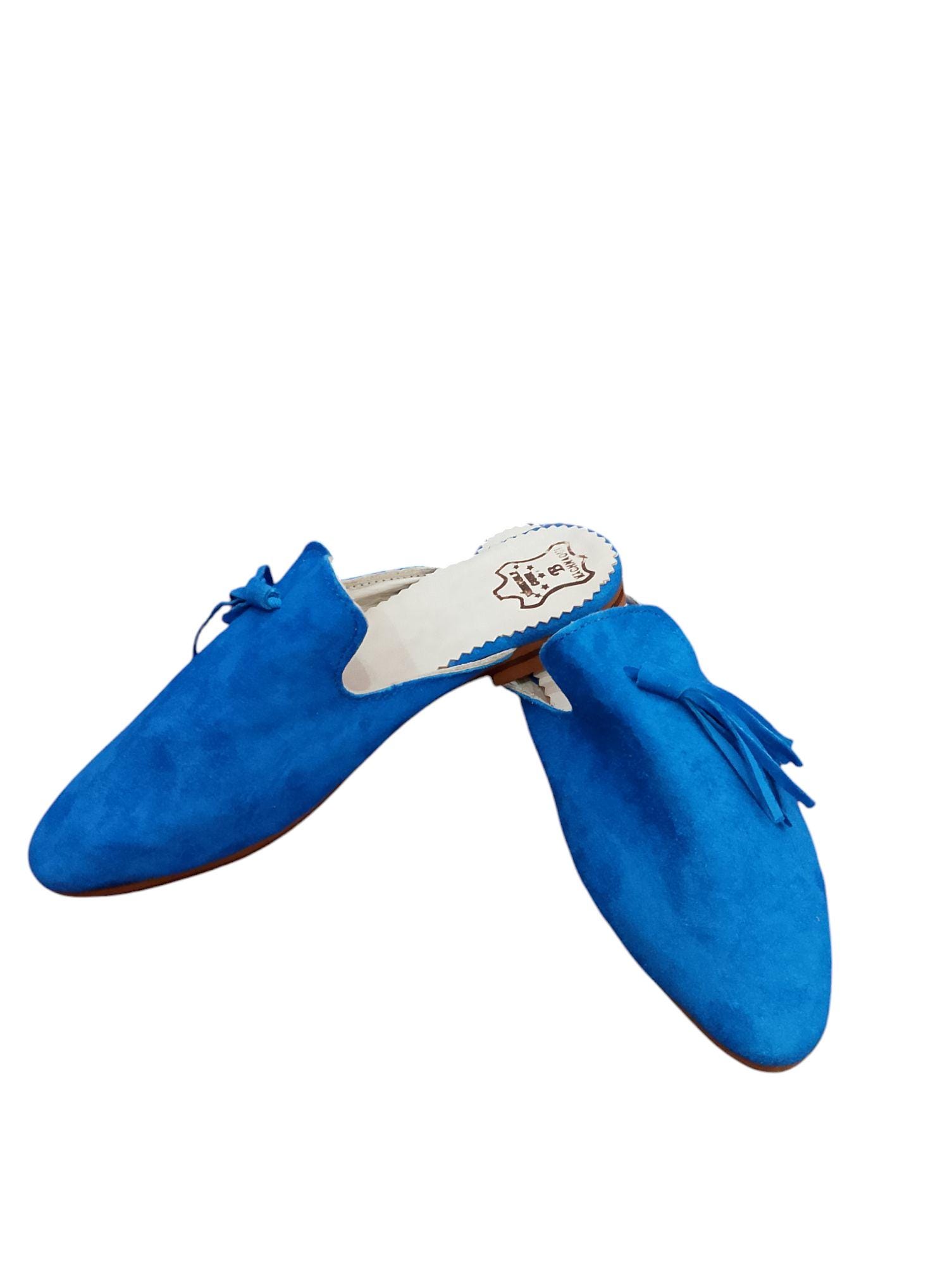 Women’s Bleu Leather Mules Handmade Pointed Toe Slip