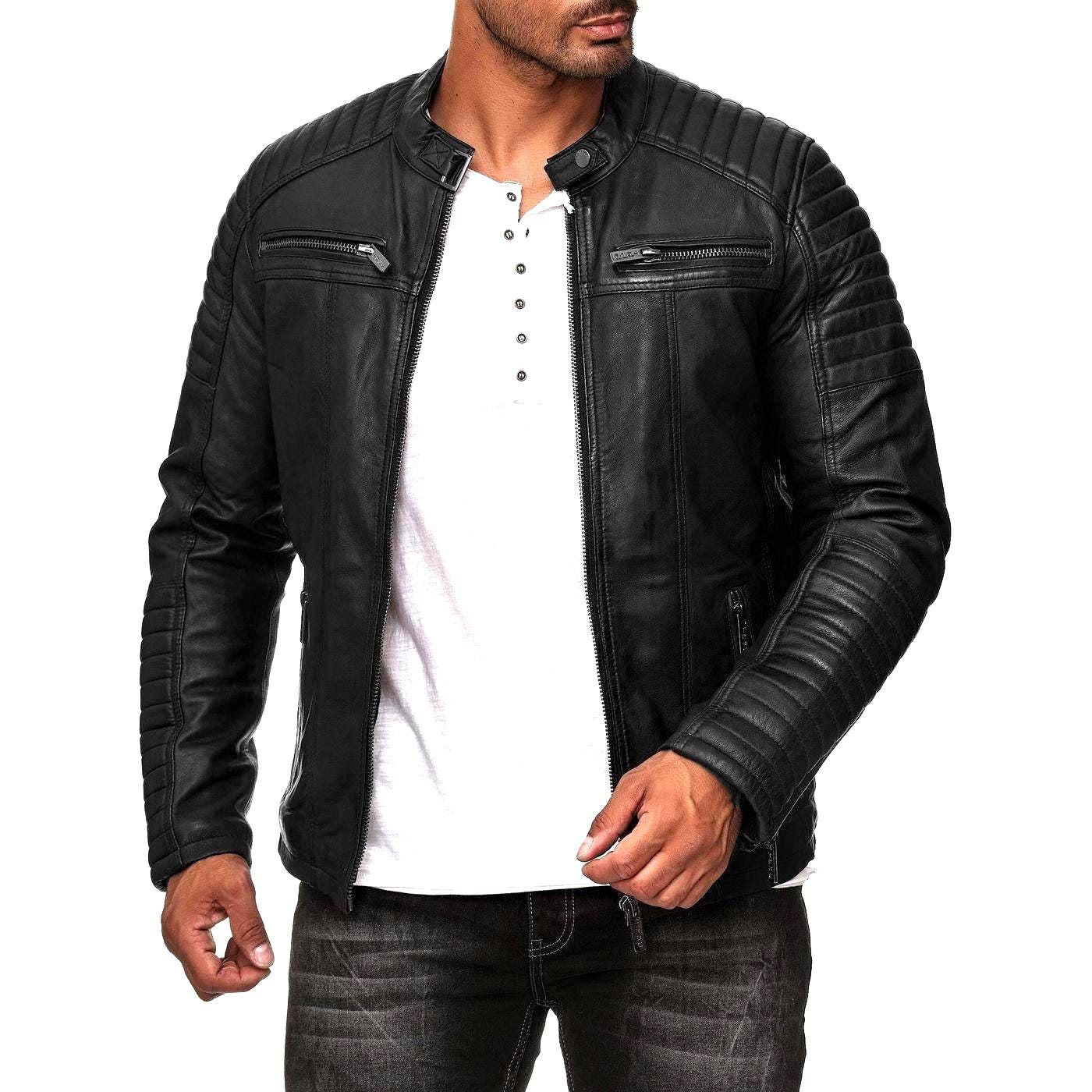 Men's Black Sheepskin Leather Cafe Racer Jacket Tn5bk Men's Black Sheepskin Leather Cafe Racer Jacket Tn5bk