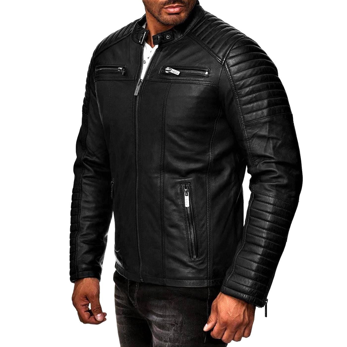 Men's Black Sheepskin Leather Cafe Racer Jacket Tn5bk Men's Black Sheepskin Leather Cafe Racer Jacket Tn5bk