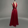 Elegant Deep V Red Satin Halter Dress Backless
