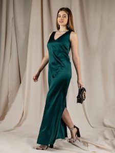 V Neck Silk Satin Maxi Dress Elegant Sleeveless