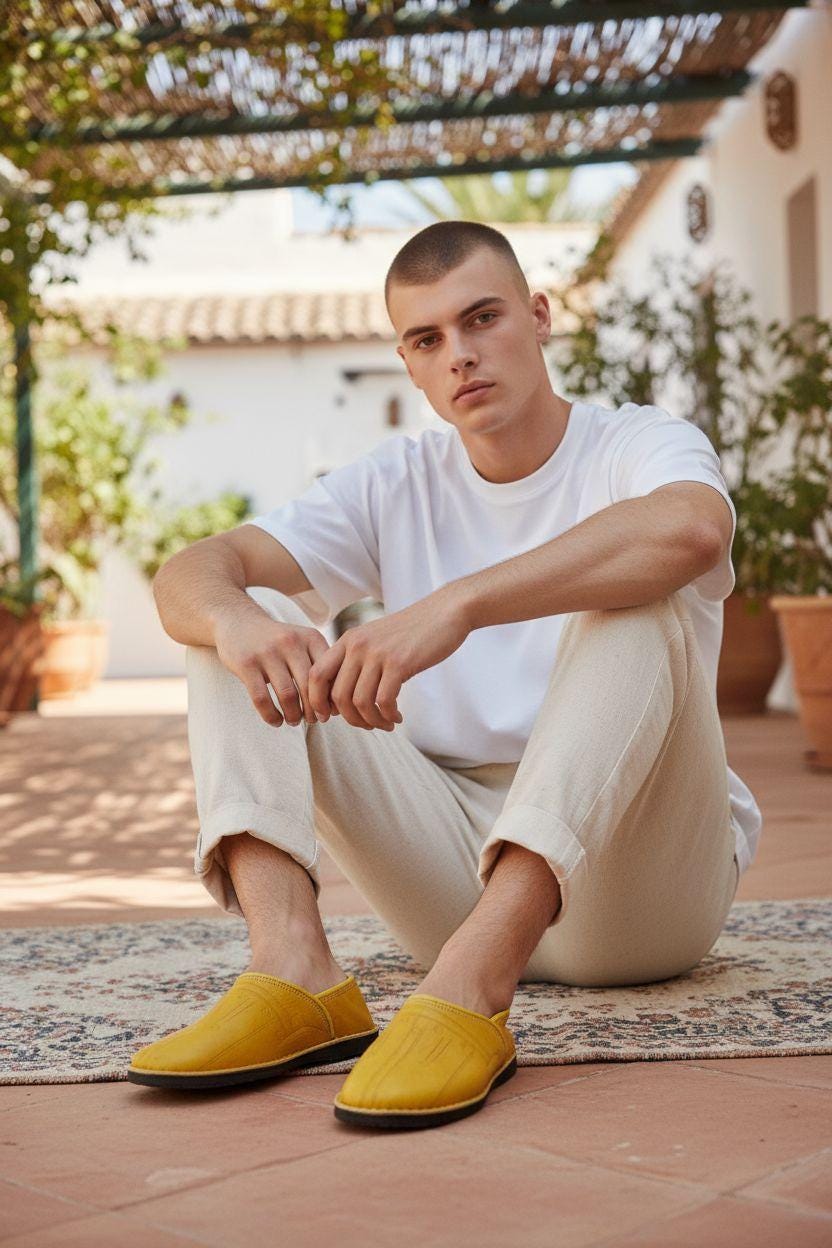 Bright Yellow Moroccan Leather Babouche Handmade Traditional Slippers Bright Yellow Moroccan Leather Babouche Handmade Traditional Slippers