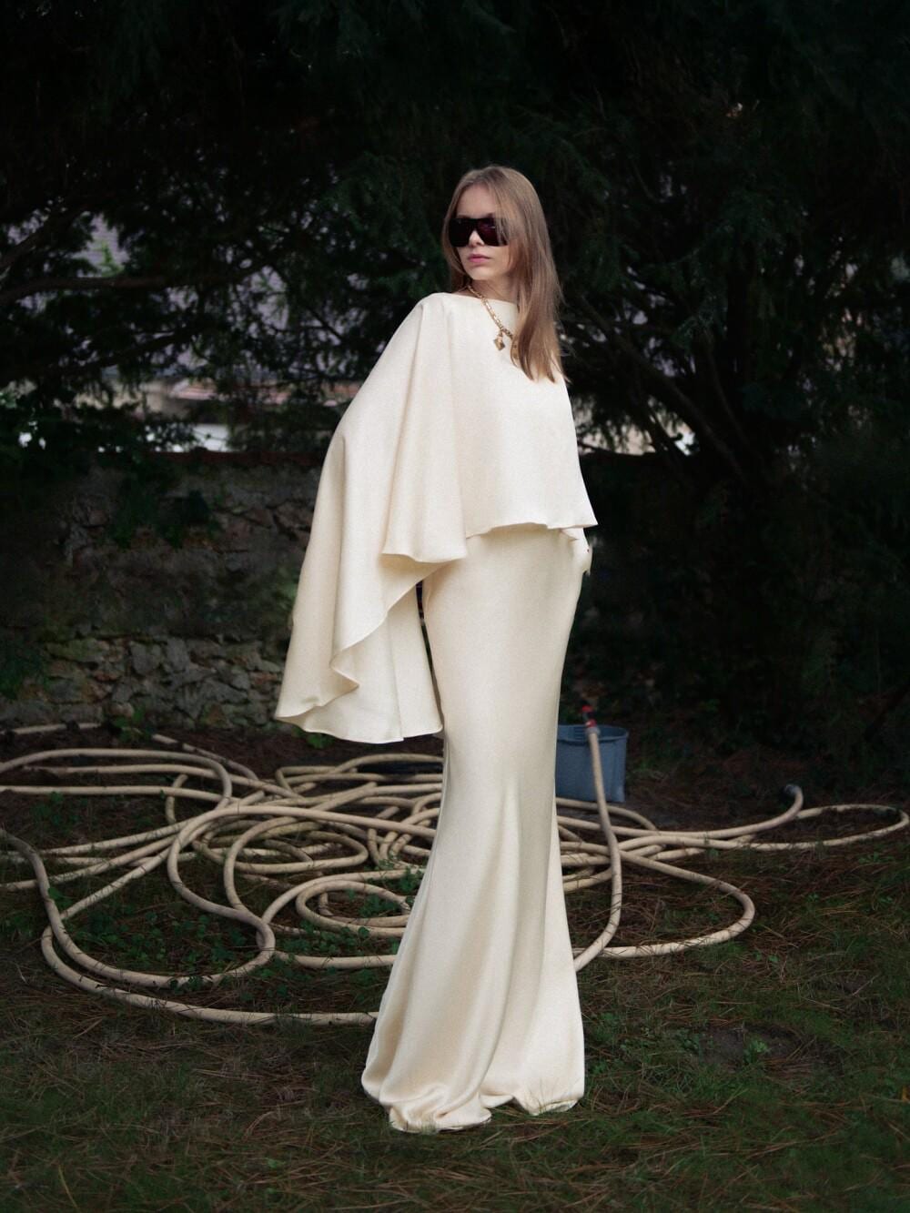Ivory Muse Cape Gown Modern Minimalist Satin Evening Ivory Muse Cape Gown Modern Minimalist Satin Evening